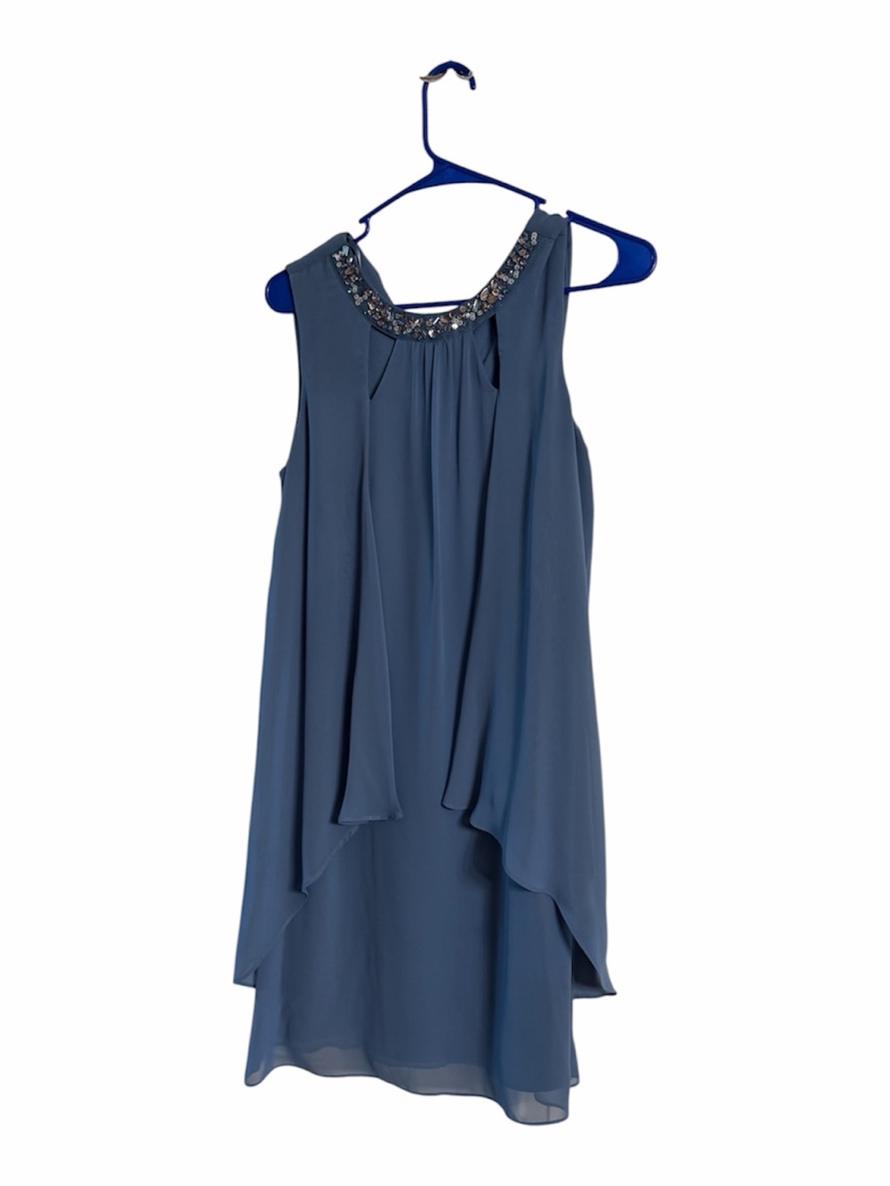 S.L. Fashions Slate Blue Embellished Neck High-Low Chiffon Dress size 6